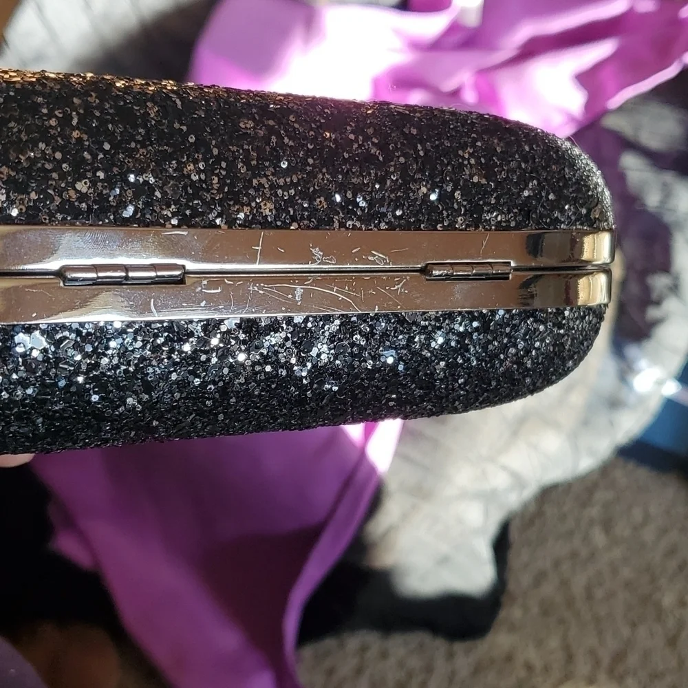Vintage Black Silver Sequin Evening Bag with Chain